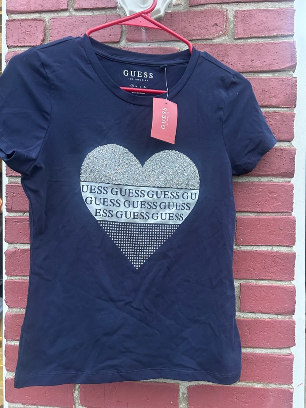 GUESS Navy Blue Tee with Silver Glitter Heart